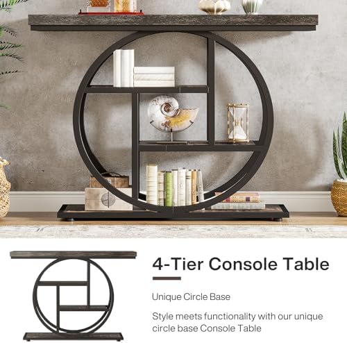 Tribesigns 41.3" Console Table, Industrial 4-Tier Sofa Table Entryway Table with Circle Base, Narrow Wood Accent Tables with Storage Shelves for Living Room, Hallway, Foyer, Charcoal Black
