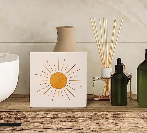 KU-DaYi Abstract Boho Sun Orange Sunrise Sunshine Wood Box Sign Rustic Farmhouse Style Wood Block Plaque Decor for Bohemian Home Girls Room Wall Desk Shelf Decoration