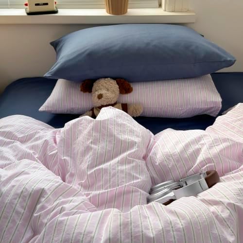 mixinni Pink White Striped Duvet Cover Queen Size, 3-Piece Washed Microfiber Vintage Striped Bedding Set, Soft Aesthetic Stripe Pattern Duvet Cover with Zipper Closure & Corner Ties for Women Girls