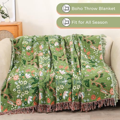 100% Cotton Light Green Boho Throw Blanket for Bed Gift 60"x80"