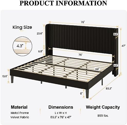 SHA CERLIN King Size Velvet Bed Frame, Tufted Wingback Headboard, Black