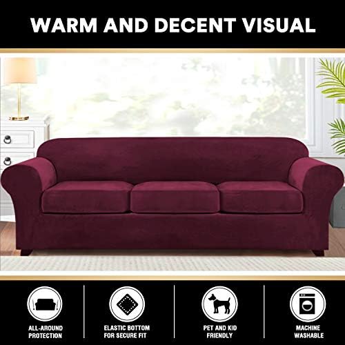 PrinceDeco Velvet XL Couch Cover for Oversized Sofa 4 Piece Sofa Covers for 3 Cushion Couch Washable Furniture Protector with Non Slip Elastic Bottom Width Up to 105 Inch(X-Large, Burgundy)