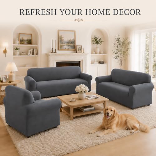 3Pcs Sofa Covers - Streth Sofa Slipcovers Couch and Loveseat Covers Set Washable Furniture Protector for Living Room Armchair with Non-Slip Elastic Bottom for Kids, Pets, WrinkleProof