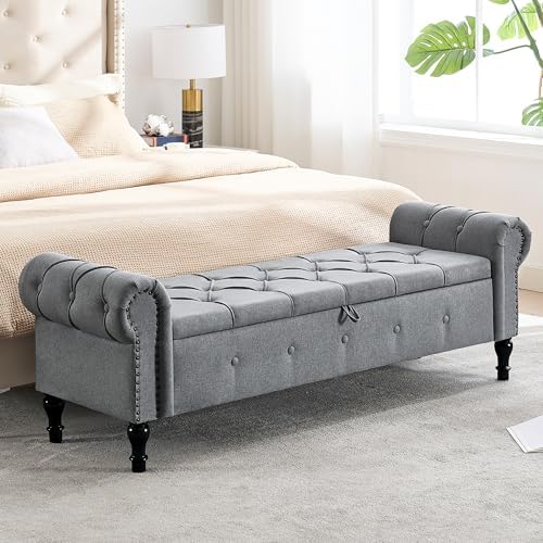 Storage Bench 67" Linen End of Bed Benches Grey