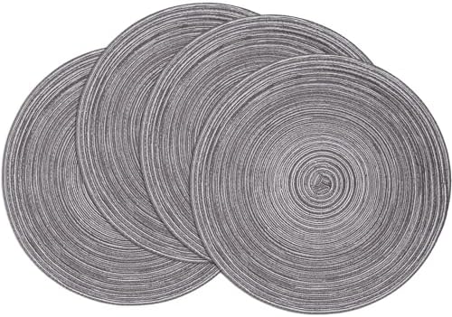 SHACOS Round Placemats Set of 4 Round Braided Placemats 15 inch Cotton Polyester Woven Table Placemats for Dining Table Holiday Party (Black Gray, 4)