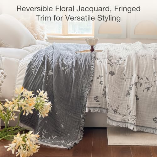 Simple&Opulence Cotton Muslin Blanket Queen Size 90"x90", Reversible Yarn-Dyed Vintage White Floral Jacquard, 3-Layer Gauze with Tassels, Soft Lightweight Breathable All-Season Bedspread for Bed Couch