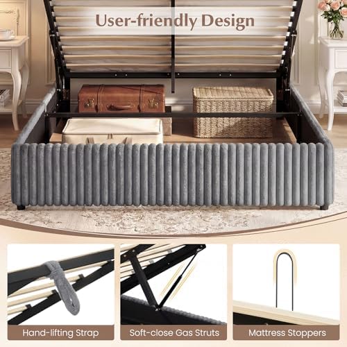 GIANTEX Queen Size Lift Up Storage Bed, Modern Corduroy Upholstered Platform w/Wingback Headboard, Hydraulic Support, Queen Bed Frame with Storage, No Box Spring Needed (Grey)