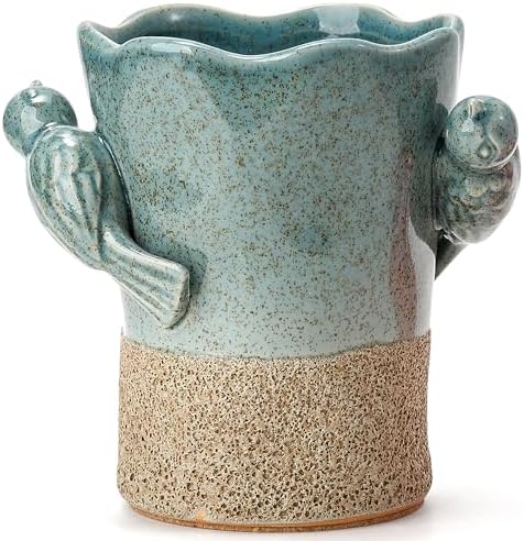6.38“H Utensil Holder for Kitchen Counter, Modern Farmhouse Cooking Utensil Holder and Crock Home Kitchen Decor, Ceramic Utensil Organizer for Spatula, Ladle, Eggbeater, Rolling Pin- Blue and Brown