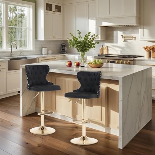 Set of 2 Adjustable Swivel Bar Stools, Velvet Upholstered Counter Height Chairs with Nailhead Trim, Gold Footrest, and High Back for Kitchen Island, Home Bar, Dining Room, Cafe,Black