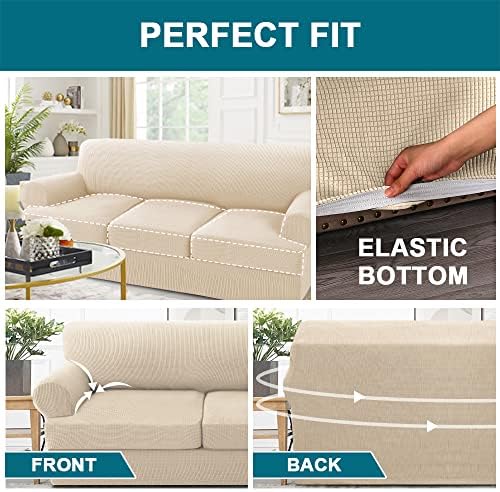 Turquoize 4 Piece T Cushion Sofa Slipcovers Stretch Couch Cover Furniture Covers with 3 Individual T Cushion Covers, Washable (3 Cushion Sofa, Biscotti Beige)