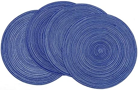 SHACOS Round Braided Placemats 15 inch Set of 4 Washable Cotton Polyester Braided Kitchen Table Placemats for Home Wedding Party (Blue White, 4)