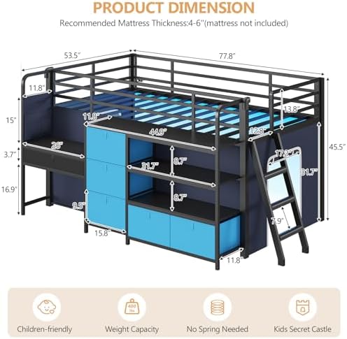 Low Twin Loft Bed with Desk,6 Storage Drawers,Led Lights & Kids Secret Base
