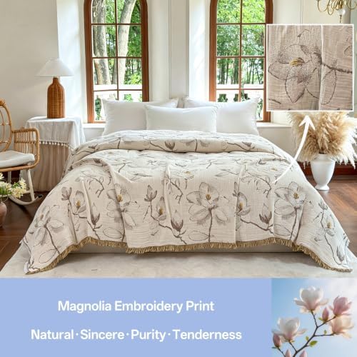 FALUCA Muslin Cotton Throw Blanket Boho Floral Jacquard with Fringe, 104 * 90 Magnolia Pattern, Reversible Soft Breathable Cover for Couch Sofa Bedroom Vintage Farmhouse Home Decorative, Beige&Brown