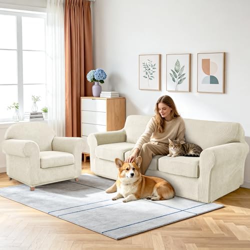 4 Pieces Stretch Couch Covers for 3 Cushion Sofa Cover Decorative Sofa Slipcover Non Slip Washable Thick Soft Elastic Furniture Protector for Pets,(Large, Beige)