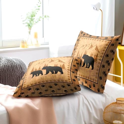 Bear Throw Pillow Covers 22x22 Inch Set of 2 Retro Brown Mountain Decorative Pillowcase Rustic Cabin Bear Hunting Animal Paw Prints Decorative Cotton Cushion Case for Home Sofa Bedroom