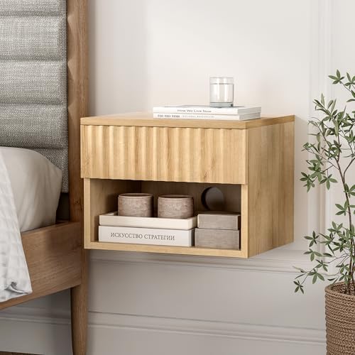 EYYTHUNG Fluted TV Stands Set of 4, Modern Small Floating Nightstand with Drawer and Open Storage Shelf Night Stand Wall Mounted Bedside Tables Natural Oak