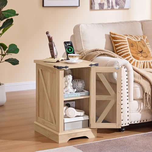 Joaxswe Narrow Night Stand Set 2 with Charger Station, Glass Barn Door