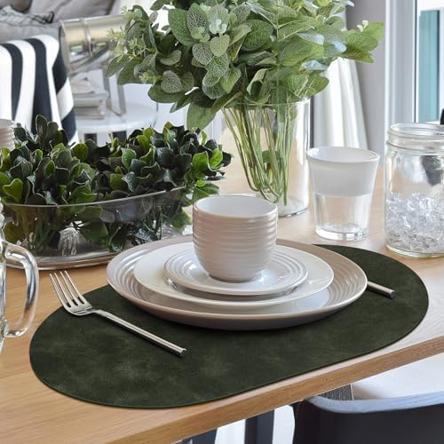 ADRIMER Oval Placemats Set of 6, Wipeable Faux Leather, Olive Green