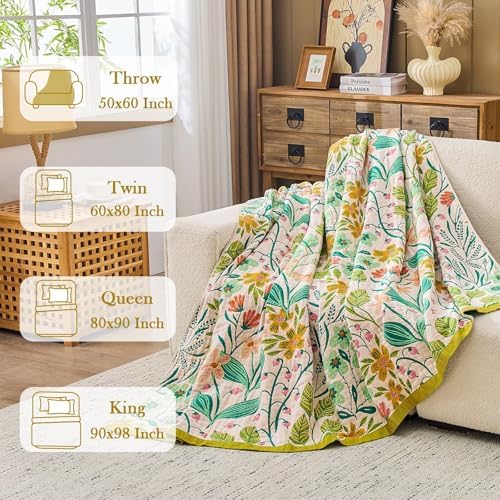 XIBLC Boho Throw Blanket 100% Cotton Vintage Blanket Muslin Woven Flower Decorative Throw Blankets All Season Bohemian Rustic Farmhouse Decor Quilt for Bed (Beige 60"x80")