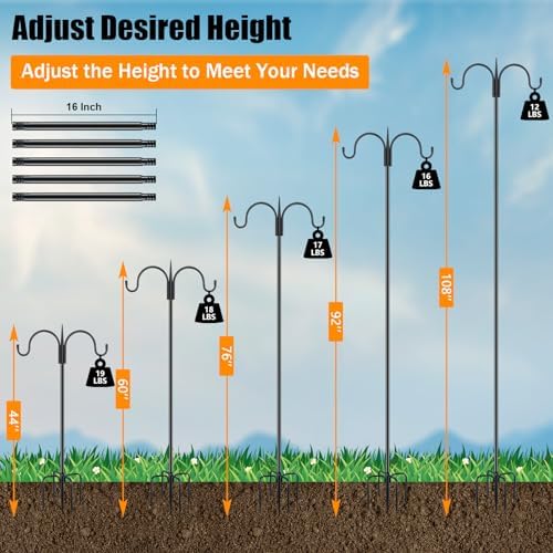 FEED GARDEN Heavy Duty Shepherds Hook 2 Pack 108" Double Hooks Adjustable (44/60/76/92/108") - Metal 5-Prong Base, 12lb Capacity -Bird Feeder Pole for Hanging Planters, Lanterns, Wind Chimes