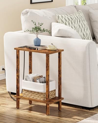 TUTOTAK Narrow Side Table, 2-Tier Small End Table with Charging Station