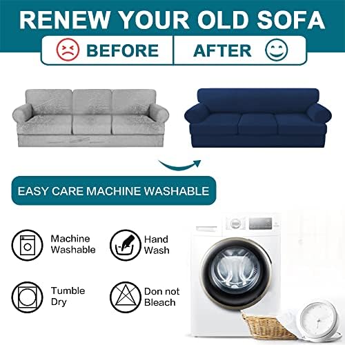 Turquoize 4 Piece T Cushion Sofa Slipcovers Stretch Couch Cover Furniture Covers with 3 Individual T Cushion Covers, Machine Washable (3 Cushion Sofa, Navy)