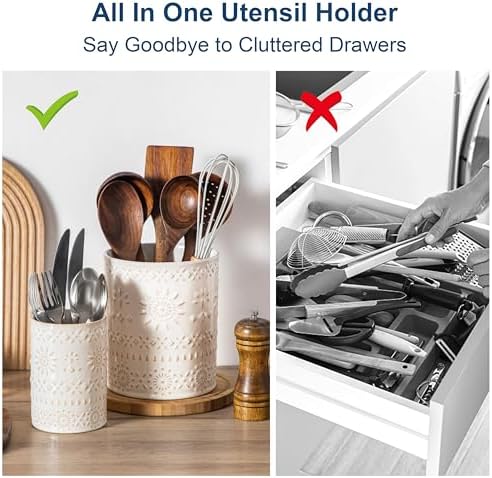 LOVECASA Ceramic Utensil Holder Set of 2, 7.2'' & 5.4'' Kitchen Crocks
