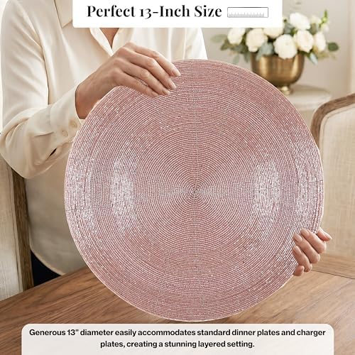 CLEENTABLE Pink Beaded Round Placemats, Set of 4