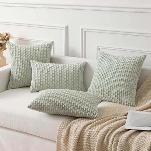 Kevin Textile Soft Corduroy 20x20 Inch Pillow Covers 2 Pack, Light Green