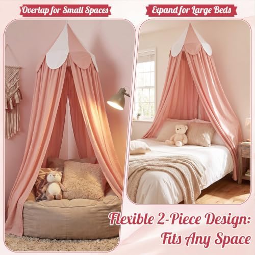Bed Canopy with Scalloped Edge, 2 Panel Striped, Pink