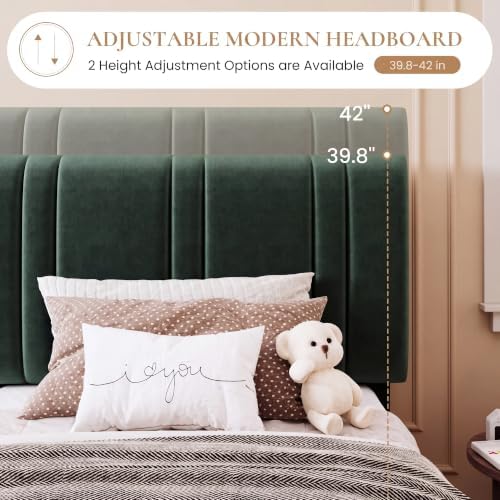 SHA CERLIN Twin Size Velvet Bed Frame with Adjustable Headboard, Green