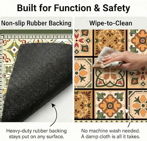Boho Dish Drying Mat for Kitchen Counter - Super Absorbent Faux Leather Kitchen Mat, Quick Dry & Non-Slip Countertop Protector, Aesthetic Bohemian Decor for Coffee Bar (17"x31.5", GN)
