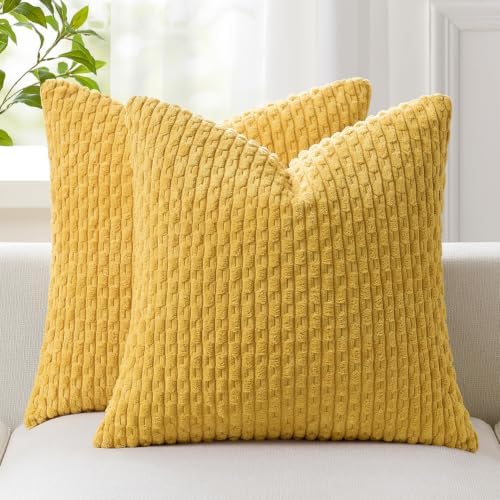 Kevin Textile Soft Corduroy 16x16 Inch Pillow Covers 2 Pack, Mustard Yellow