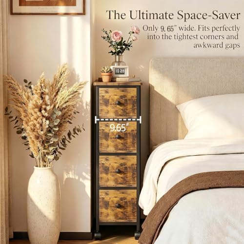 Narrow Nightstand with 4 Drawers, Slim Bedside Table for Small Space