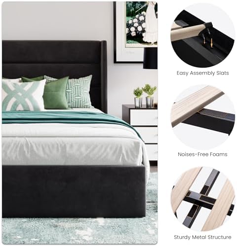 SHA CERLIN Full Size Lift Up Hydraulic Storage Bed Frame Black