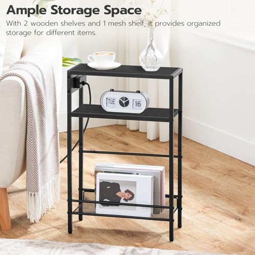 HOOBRO Small Narrow Side Table with Charging Station Set of 2, Skinny End Table for Small Spaces, Slim Nightstand with USB Ports Outlet, Sofa Beside Table with Storage Shelf BB102UBZP201
