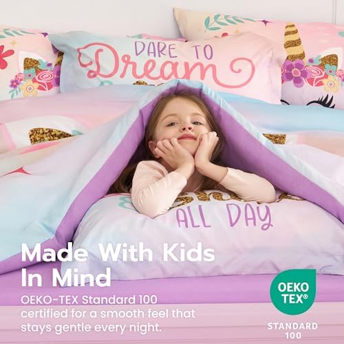 Joiedomi Kids Comforter Set Bedding Set for Boys Girls Super Soft Microfiber Bed in a Bag with Comforter Sheets Pillowcase Sham, Pink Purple Unicorn, Twin