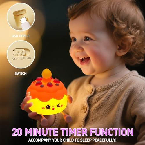 Cute Cake Night Light for Kids, Squishy Silicone Cake LED Night Lamp, Novelty Nursery Nightlight for Kids, Rechargeable Touch Lamp Bedside Lamp 2 Levels Dimmable, Room Decor Gifts for Girls Boys Baby