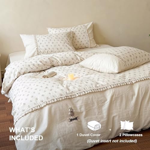 Shabby Chic Cotton Linen Duvet Cover Set 3 Pcs,68"×86" Twin Bedding