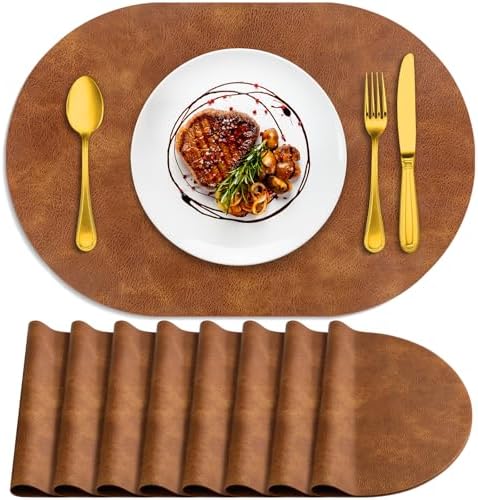 ADRIMER Oval Placemats Set of 8, Wipeable Faux Leather, Turmeric Brown