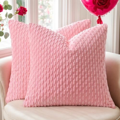 Kevin Textile Soft Corduroy 18x18 Inch Pillow Covers 2 Pack, Pink