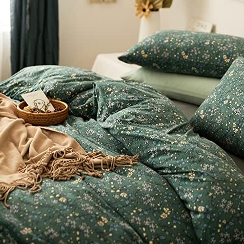 HighBuy Jersey Knit Cotton Duvet Cover Full Green Floral Bedding Set 100% T-Shirt Comfy Bedding Sets Super Soft Garden Chic Knit Cotton Comforter Cover Full Size
