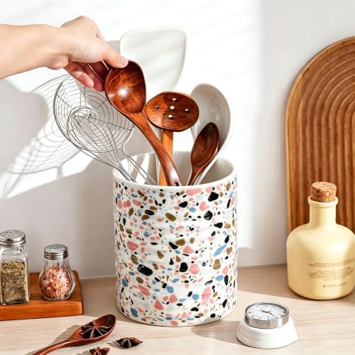 Kitchen Utensil Holder,7.2-inch Extra Large Sturdy Ceramic Terrazzo Marble Pattern Utensil Crock,Cooking Utensil Organizer for Kitchen Counter Decor,Storage Caddy Farmhouse Gift Nordic Pink