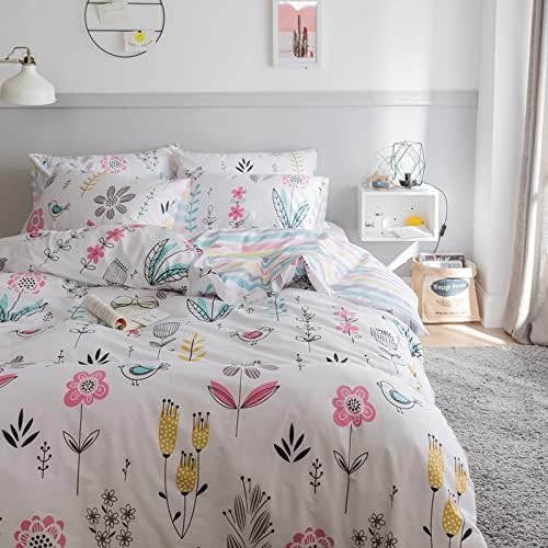 HighBuy Floral Printed Bedding Set Queen Duvet Cover Girls Cotton Comforter Cover Garden Aesthetic Reversible Striped Bedding Sets 3 Piece Queen Bed Boho Comforter Cover Duvet Cover Set
