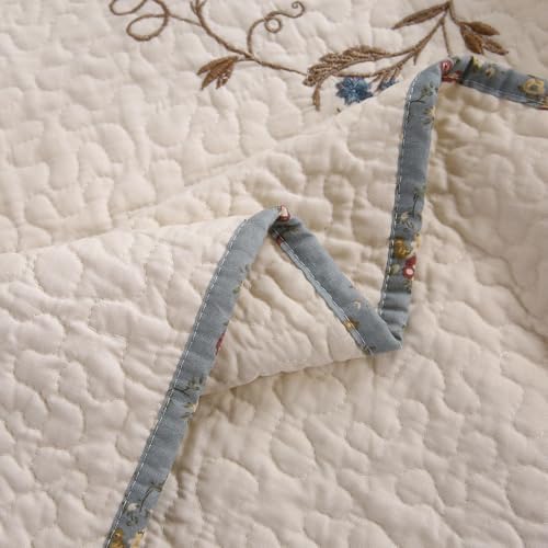 vctops 100% Cotton Quilted Throw Blanket 50x60 Inch Floral Embroidered Reversible Patchwork All Season Throw (Blue,50"x60")