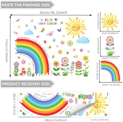 Rainbow Sun Wall Decals for Kids, Play Learn & Grow Inspirational Quotes, Butterfly Flower Wall Stickers, Removable Peel and Stick Nursery Decor for Toddler Bedroom Playroom Classroom (Rainbow Sun)