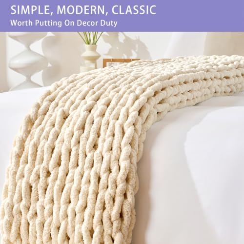Bigacogo Chunky Knit Throw Blanket for Couch, 80x90 inches, Beige