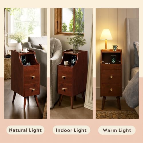 WLIVE Slim Small Nightstand with Drawer Narrow Bedside Table Vintage Cherry