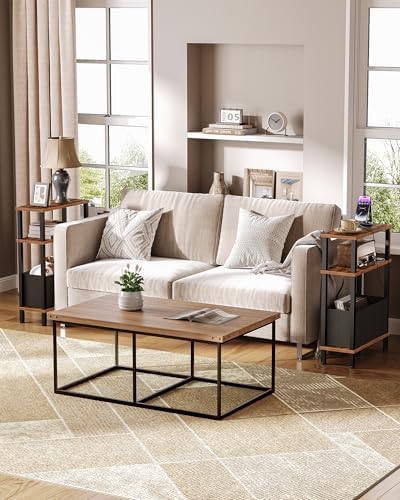 CHOEZON Set of 2 End Tables with Charging Station, Narrow Side Table for Small Spaces, Slim Nightstand with Basket, Skinny Bedside Table, for Living Room, Bedroom, Rustic Brown and Black TBZ07UP2BF