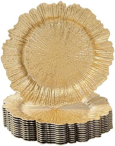 MAONAME Gold Charger Plates Set of 12, Reef Plate Chargers for Dinner Plate, Round Plastic Table Chargers for Thanksgiving, Christmas